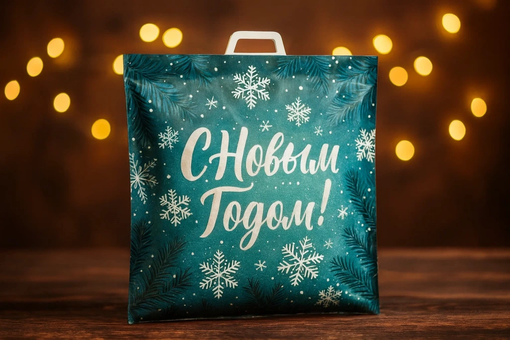 Новогодний термопакет С Новым Годом с зимним принтом и белой ручкой.